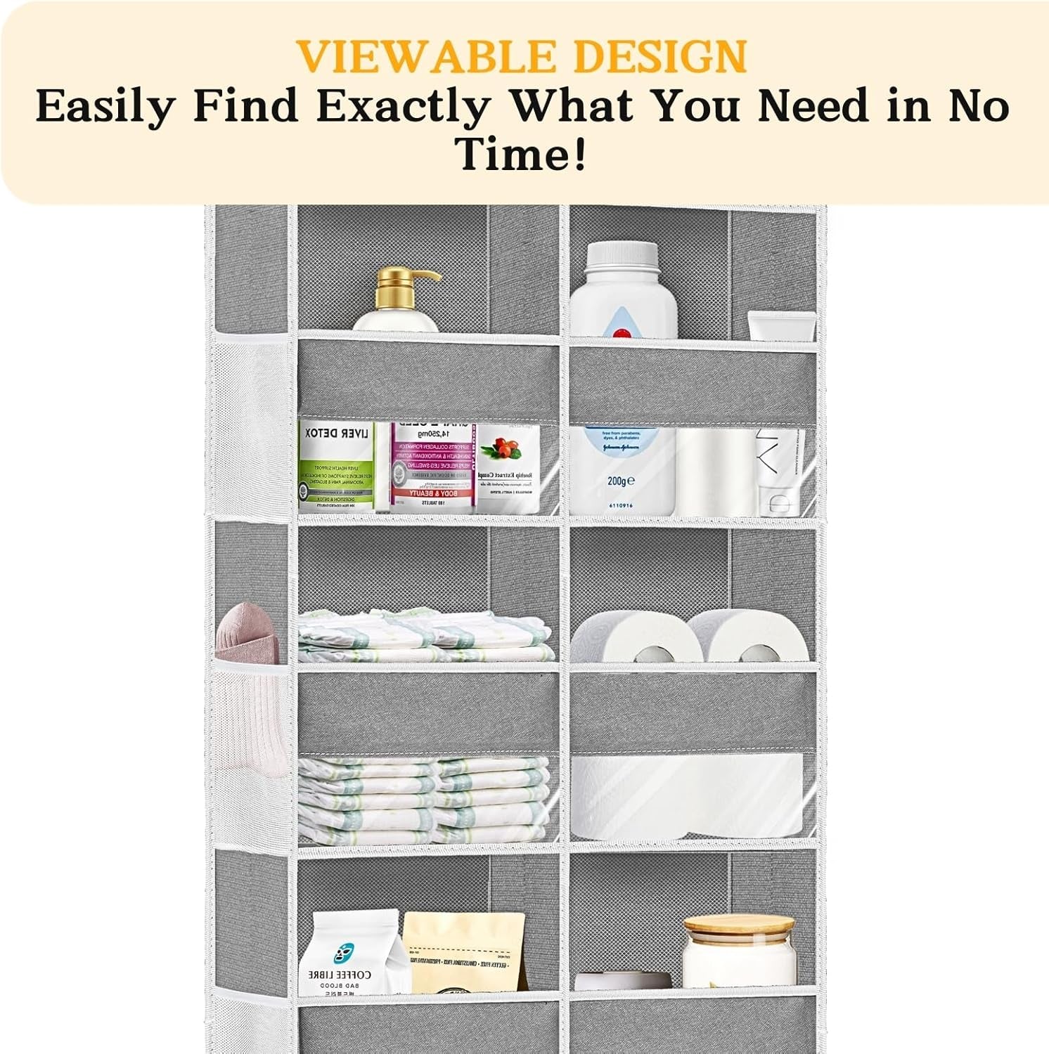 Extra Large 5-Tier Over the Door Organizer - 20 Pockets for Toys, Shoes, Diapers & More - 80Lb Capacity - Light Grey with Clear Window