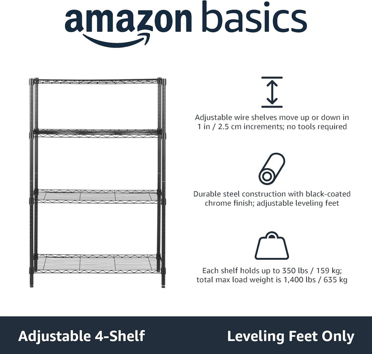 4-Shelf Storage Unit with Height Adjustable Shelves and Levelling Feet, 640 Kg Max Weight, Black, 35.6 Cm D X 91.4 Cm W X 137.1 Cm H