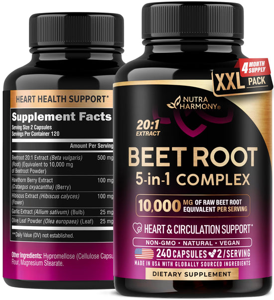 NutraHarmony Beet Root 5-in-1 Complex Capsules — Heart Health & Blood Pressure Support — 240 Capsules, Made in USA