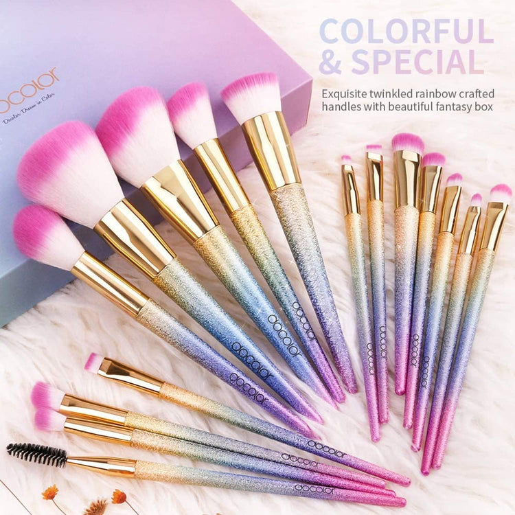16Pcs Makeup Brushes Set, Professional Make up Brushes with Gift Box, Foundation Eyebrow Concealer Eyeshadow Bronzer Blush Contour Powder Eyeline Lip Makeup Brush Set, Rainbow Series