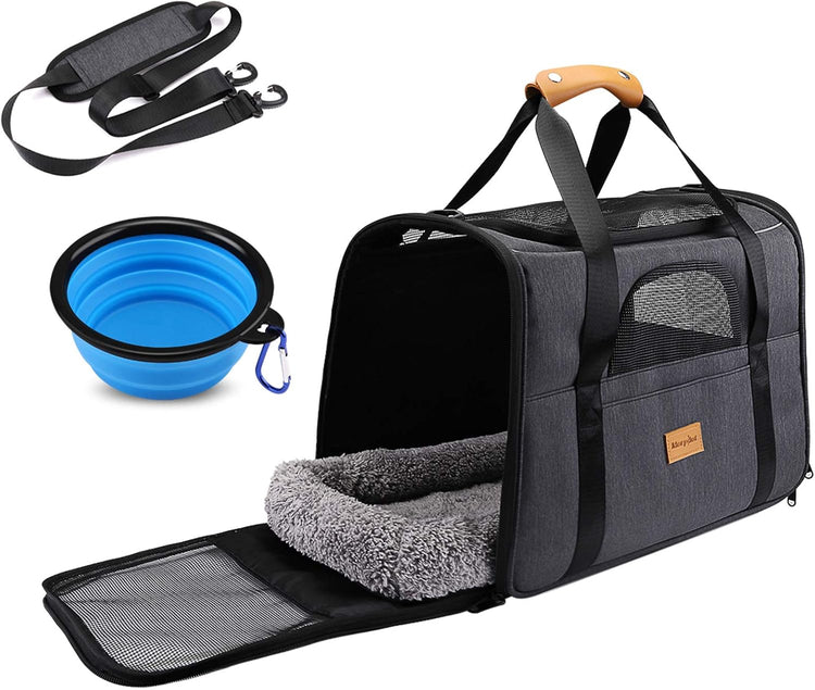 Cat Carrier, Portable Pet Carrier Bag for Cats and Small Dogs, Foldable Soft Sided Cat Transport Carrier, Airline Approved Pet Travel Carrier with Shoulder Strap, Removable Mat and Pet Bowl