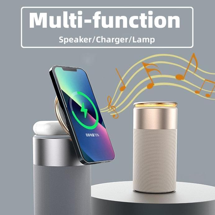 3 In 1 Multi-Function IPhone And AirPods Wireless Charger Portable Bluetooth Speaker With Touch Lamp For Home And Office - Get Me Products