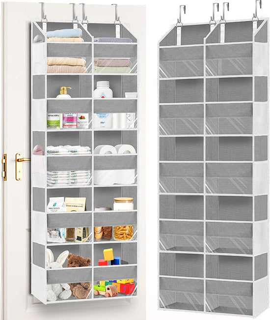 Extra Large 5-Tier Over the Door Organizer - 20 Pockets for Toys, Shoes, Diapers & More - 80Lb Capacity - Light Grey with Clear Window