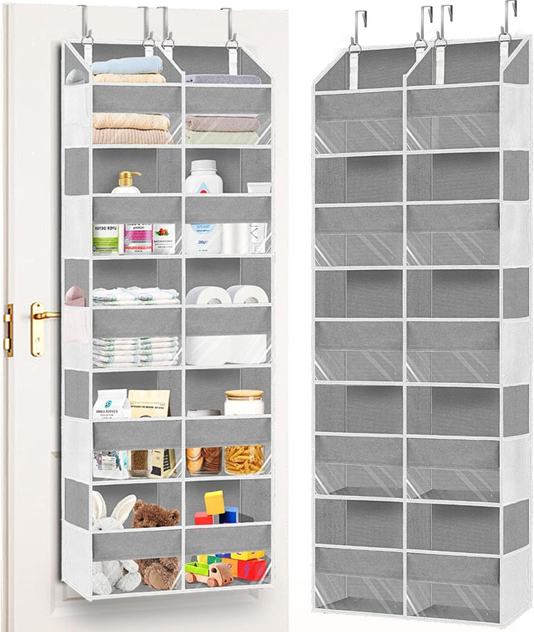 Extra Large 5-Tier Over the Door Organizer - 20 Pockets for Toys, Shoes, Diapers & More - 80Lb Capacity - Light Grey with Clear Window