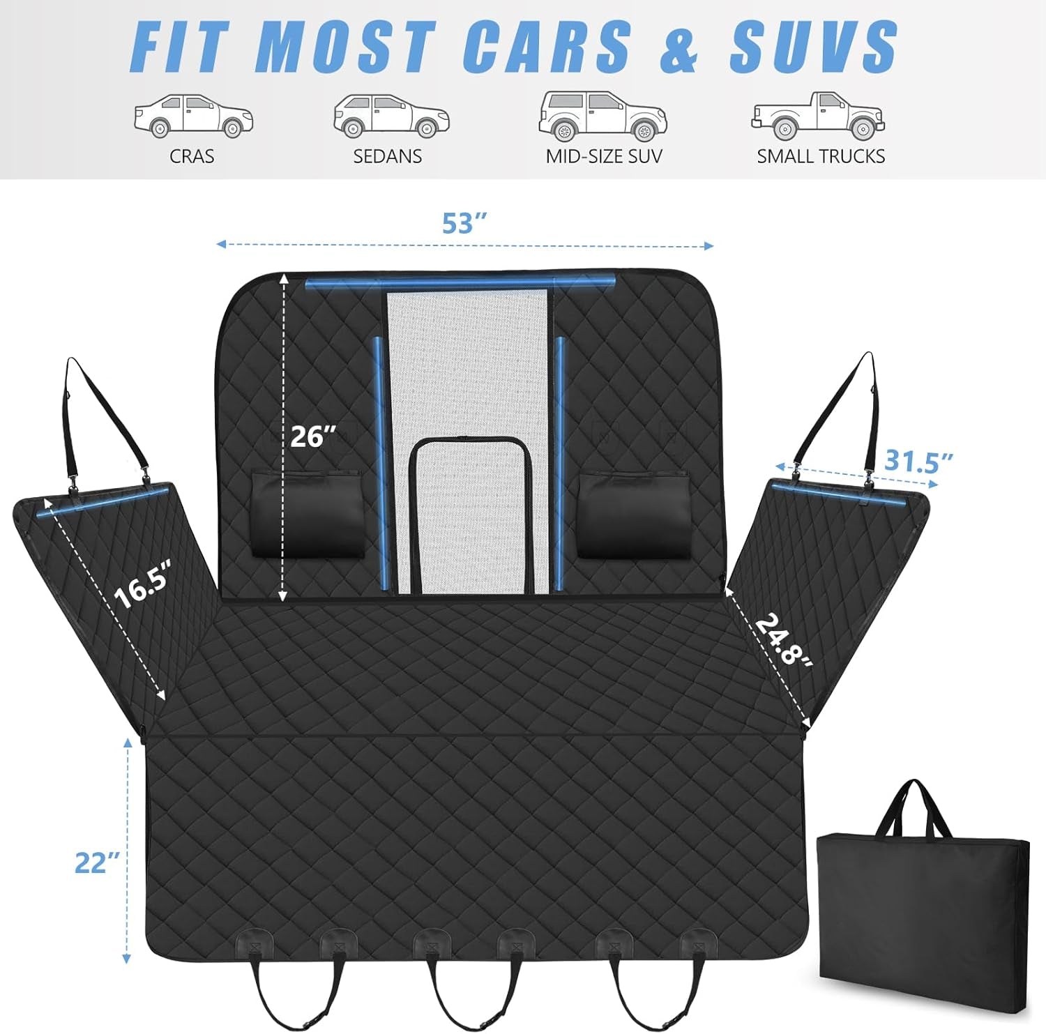 High Barrier Back Seat Extender for Cars, Hard Bottom Dog Car Seat Cover Holds 420Lbs, Backseat Protector Pet Bed, Waterproof Dog Hammock for Suvs and Trucks