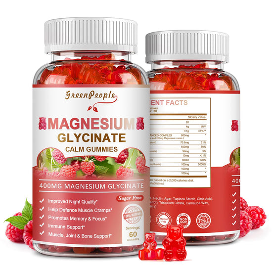 GREENPEOPLE Magnesium Glycinate Gummies 400mg — Sugar Free Raspberry Flavor, Vitamin D & B6 for Calm Support