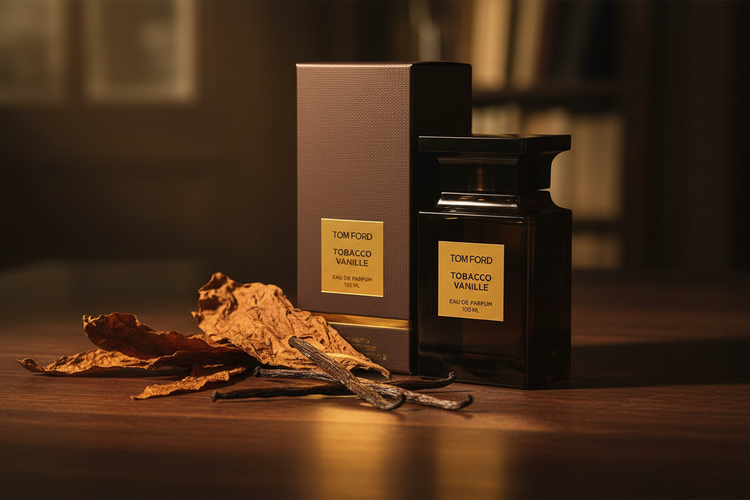Tom Ford Tobacco Vanille lifestyle shot with tobacco and vanilla