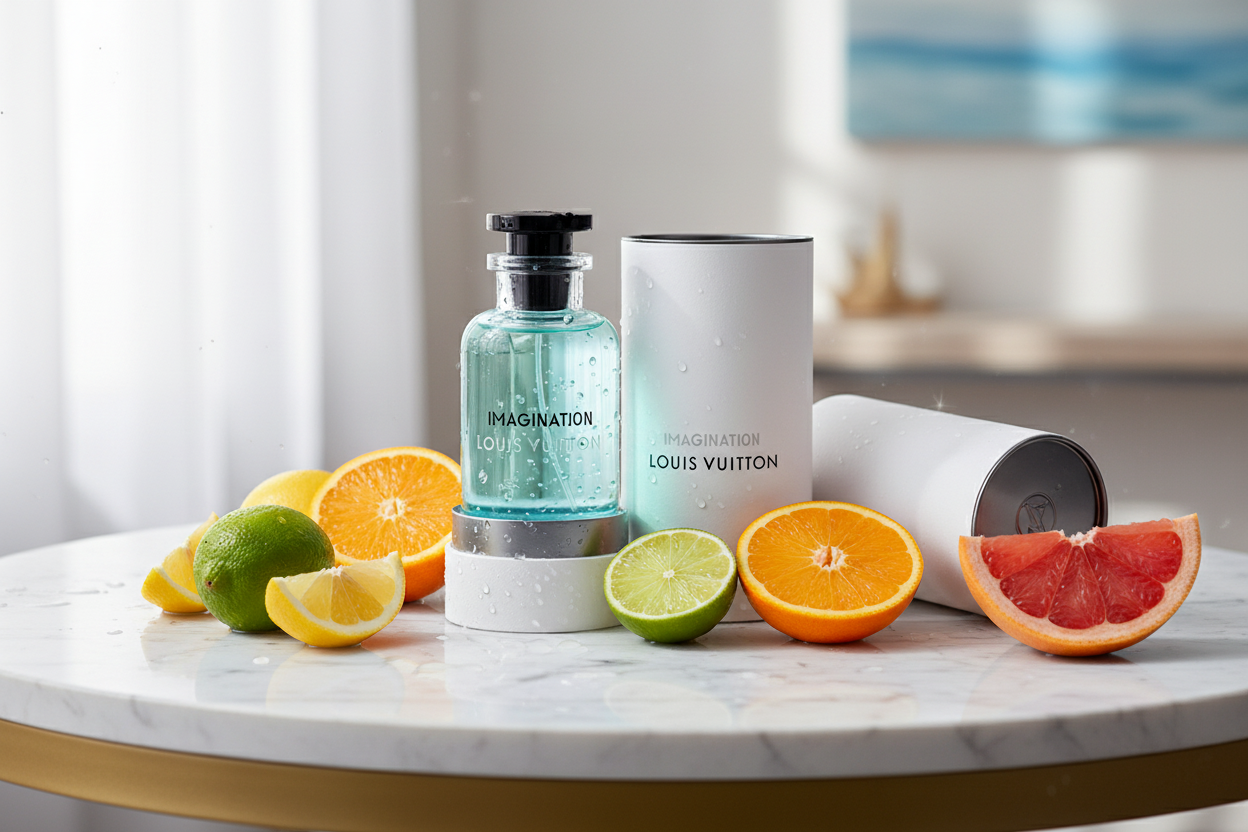 Louis Vuitton Imagination lifestyle shot with citrus and ocean