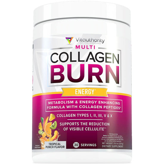 Vitauthority Multi Collagen Burn – 5 Types Collagen, Hyaluronic Acid, Vitamin C, SOD B Dimpless, Caffeine, Tropical Punch, 30 Servings