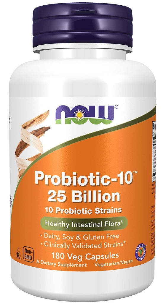 NOW Foods Probiotic-10™ 25 Billion | 10 Strains, Dairy/Soy/Gluten Free, 180 Veg Capsules