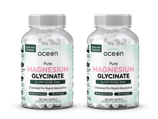 Organics Ocean Magnesium Glycinate with Zinc - Maximum Strength Chelated Magnesium for Sleep & Muscle Cramps - 2 Bottles