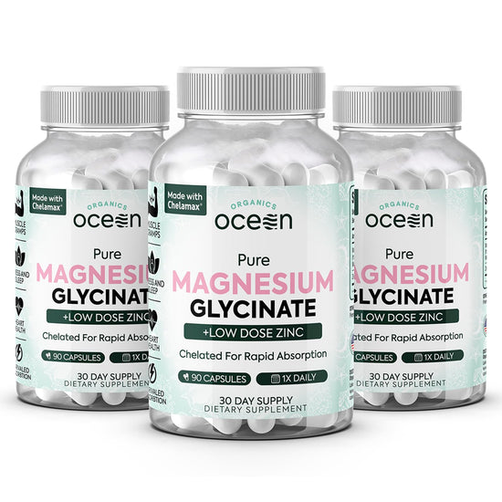 Organics Ocean Magnesium Glycinate with Zinc – Maximum Strength Chelated Magnesium for Sleep Support, Muscle Cramps & Heart Health – 3 Bottles