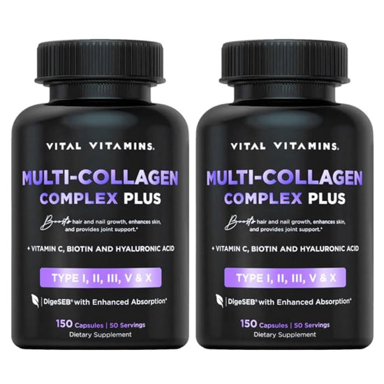 Vital Vitamins Multi Collagen Plus (2-Pack) – Biotin, Hyaluronic Acid & Vitamin C for Hair, Skin, Nails | Type I–X Collagen (Women & Men)