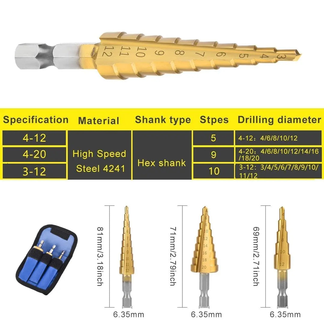 3Pcs/set 3-12mm 4-12mm 4-20mm HSS Straight Groove Step Drill Bit Titanium Coated Wood Metal Hole Cutter Core Drilling Tools Set - Get Me Products