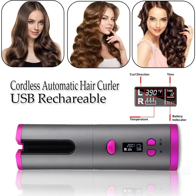 Automatic Hair Curler Curling Iron Wireless Ceramic USB Rechargeable With LED Digital Display - Get Me Products