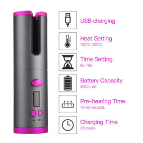 Automatic Hair Curler Curling Iron Wireless Ceramic USB Rechargeable With LED Digital Display - Get Me Products