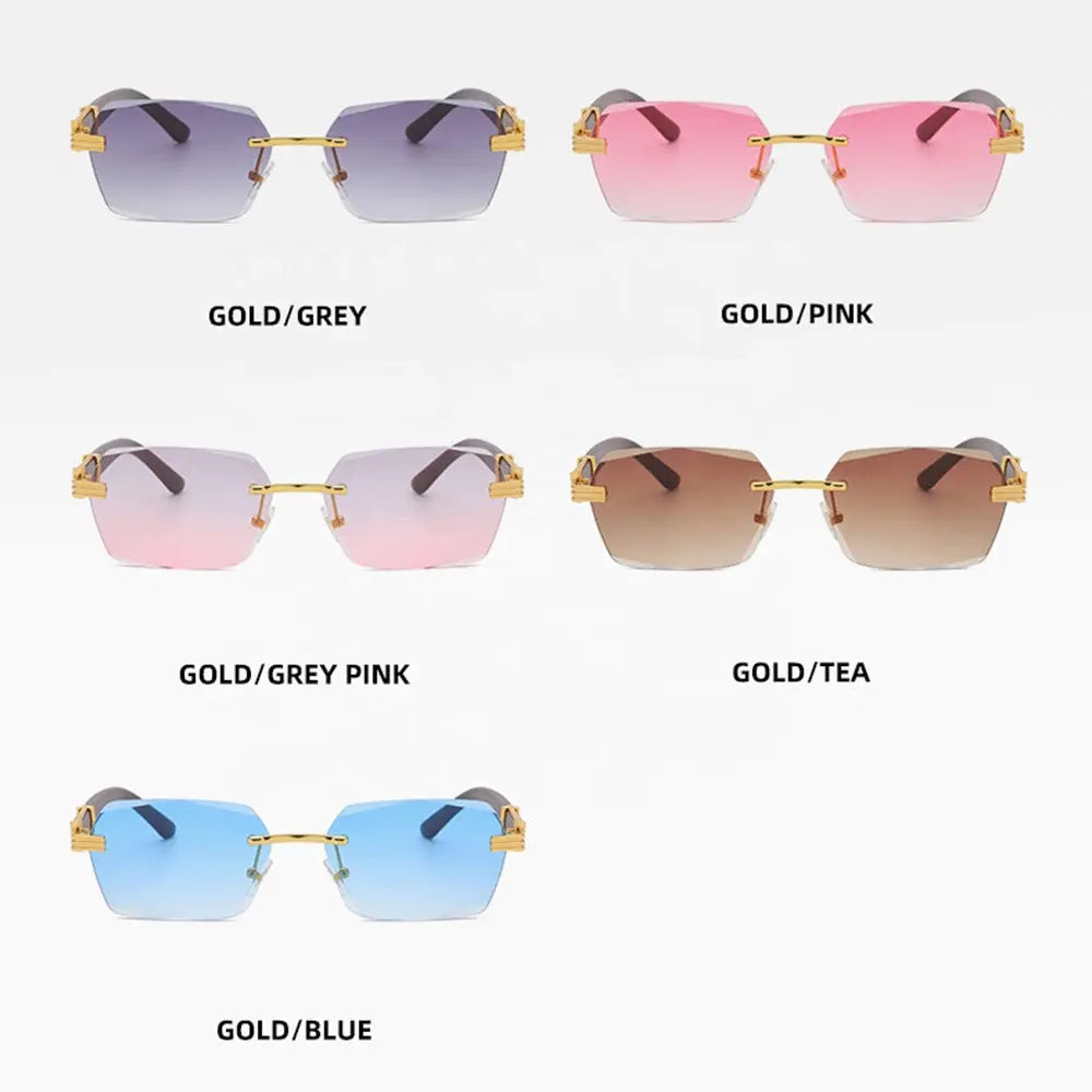Brand Metal Diamond Cut Sunglasses Luxury Men Sunglasses Rimless Square Wood Color Small Sunglasses Women Shade Glasses GetMeProducts