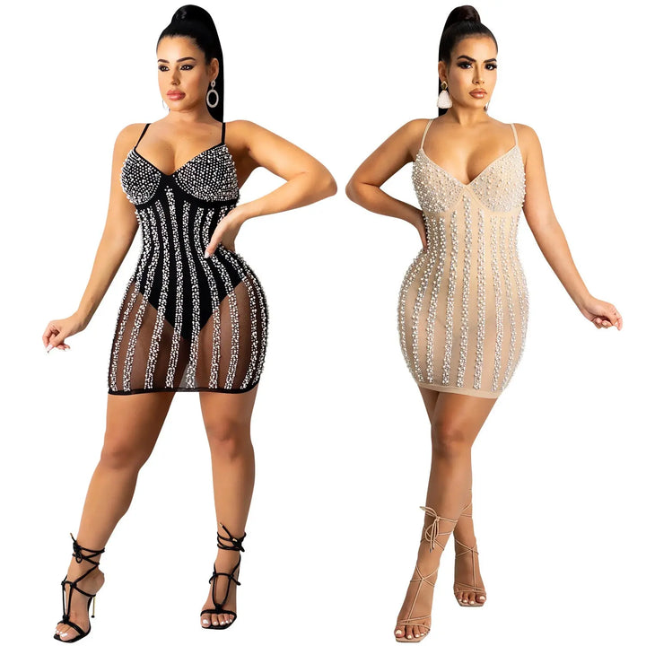 New Arrival Nightclub Prom Dresses Hot Drilling Mesh Sexy See Through V-Neck Sling Backless Birthday Party Mini Dress - Get Me Products