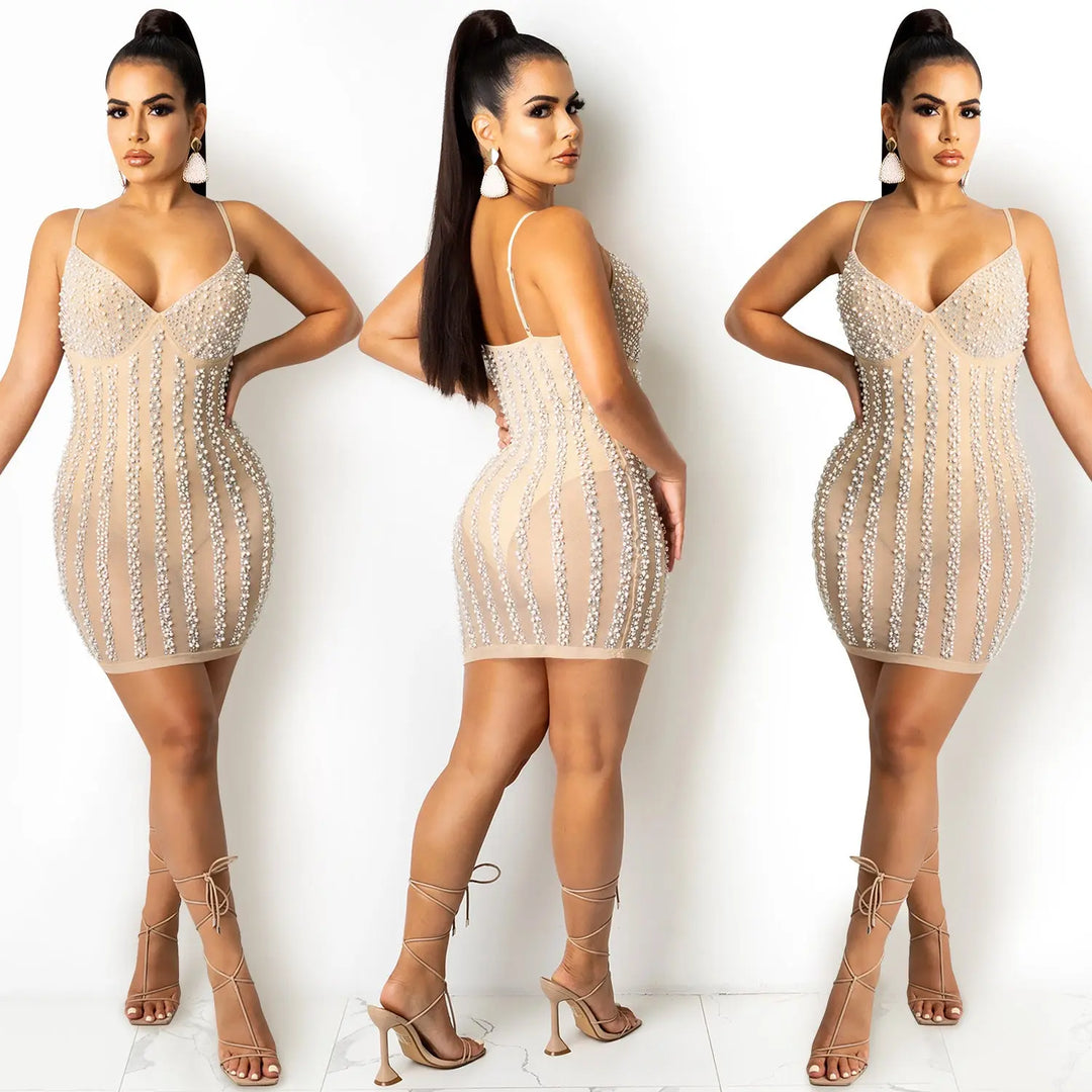 New Arrival Nightclub Prom Dresses Hot Drilling Mesh Sexy See Through V-Neck Sling Backless Birthday Party Mini Dress - Get Me Products