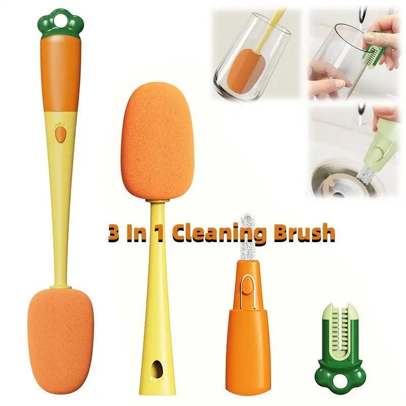 Kitchen 3 In 1 Multifunctional Cleaning Cup Brush Long Handle Carrot Water Bottle Cleaning Brush - Get Me Products
