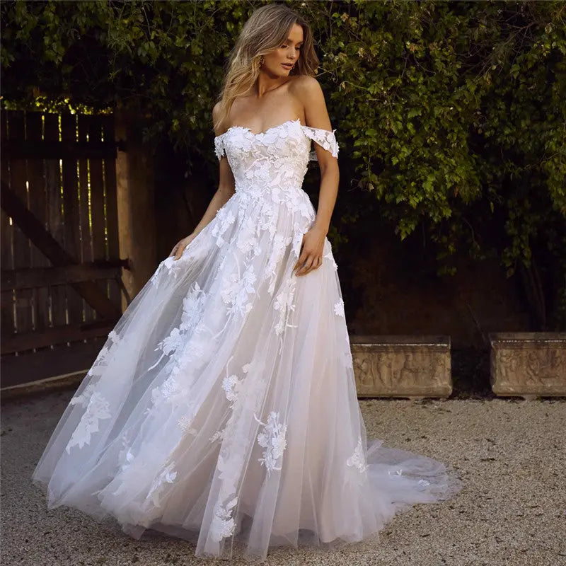 Lace Wedding Dresses Off The Shoulder Appliques A-Line Bride Dress Princess Wedding Gown Bridal Dress - Get Me Products