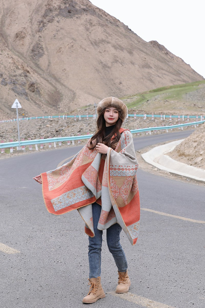 Yunnan travel hooded cape colorful retro ethnic style big shawl warm cape Tibet Xinjiang autumn and winter outside - Get Me Products