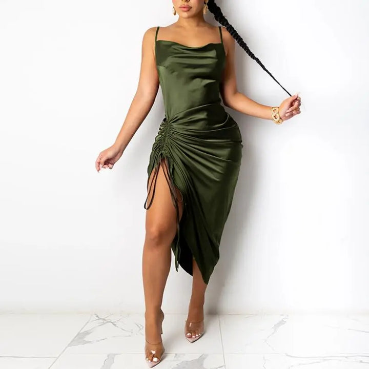 Ruched Satin Summer Dress Drawstring Spaghetti Straps Backless Long Dresses Women Party Club Sexy Vestidos C13663 - Get Me Products