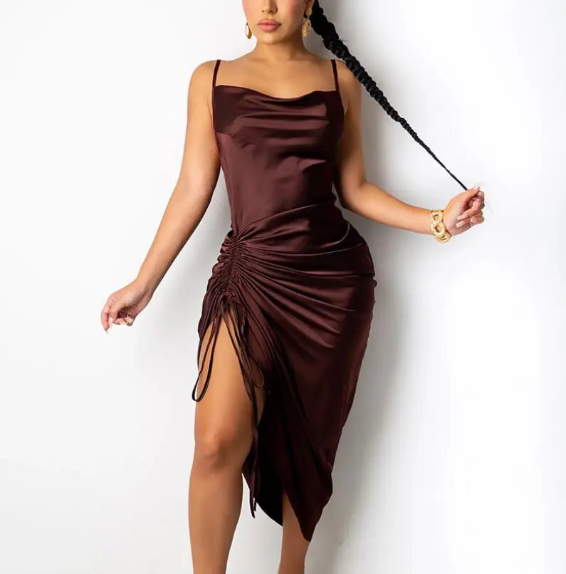 Ruched Satin Summer Dress Drawstring Spaghetti Straps Backless Long Dresses Women Party Club Sexy Vestidos C13663 - Get Me Products