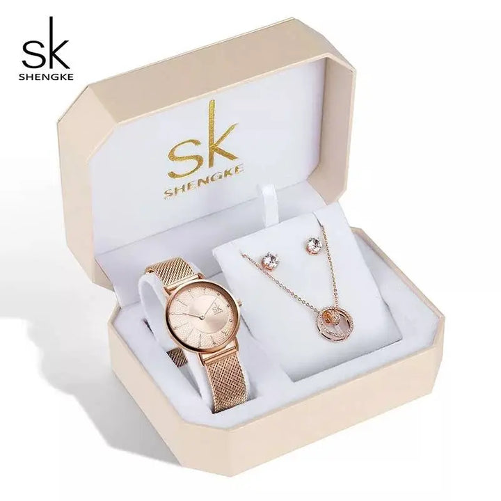 SHENGKE SK Luxury Jewelry Watches Set Bracelets & Bangles Watch Earring Necklace Jewelry Sets Box Dress Watches Sets 95001 - Get Me Products