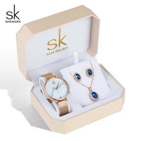 SHENGKE SK Luxury Jewelry Watches Set Bracelets & Bangles Watch Earring Necklace Jewelry Sets Box Dress Watches Sets 95001 - Get Me Products