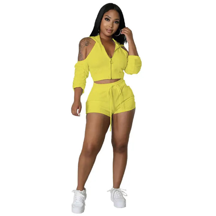 Solid Color Zip Pleated Sleeves Sexy Backless Women Sweatsuit Set Tracksuit Two Piece Set Women Clothing Shorts - Get Me Products