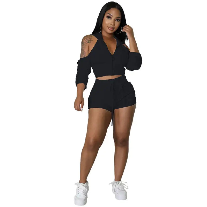 Solid Color Zip Pleated Sleeves Sexy Backless Women Sweatsuit Set Tracksuit Two Piece Set Women Clothing Shorts - Get Me Products