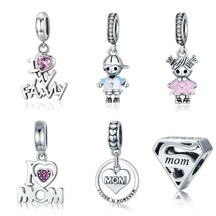 Sterling silver super mom charms pendants I love my family charm pendant kids charms for bracelet making jewelry - Get Me Products