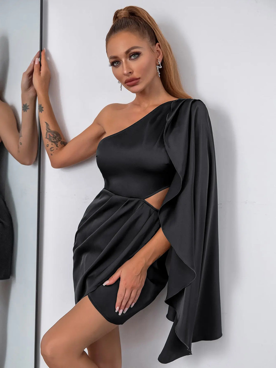 Stock Double Crazy One Shoulder Drape Side Cut Out Satin Party Dress - Get Me Products