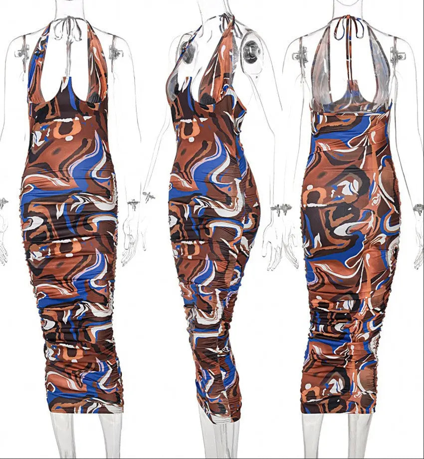 Tie Dye Print Dresses Women Backless V Neck Halter Midi Dress Ruched Bodycon Sexy Streetwear Party Night Club Y2K C13997 - Get Me Products
