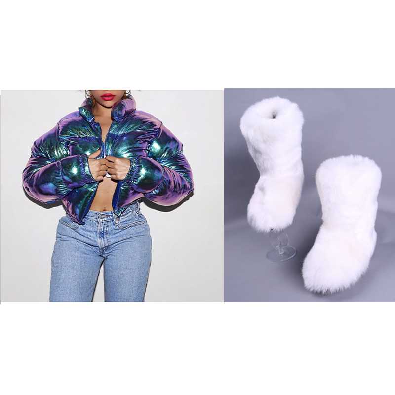 Winter fashion designer lady girls sets furry women shoes snow women's boots with matching fur jacket coat - Get Me Products