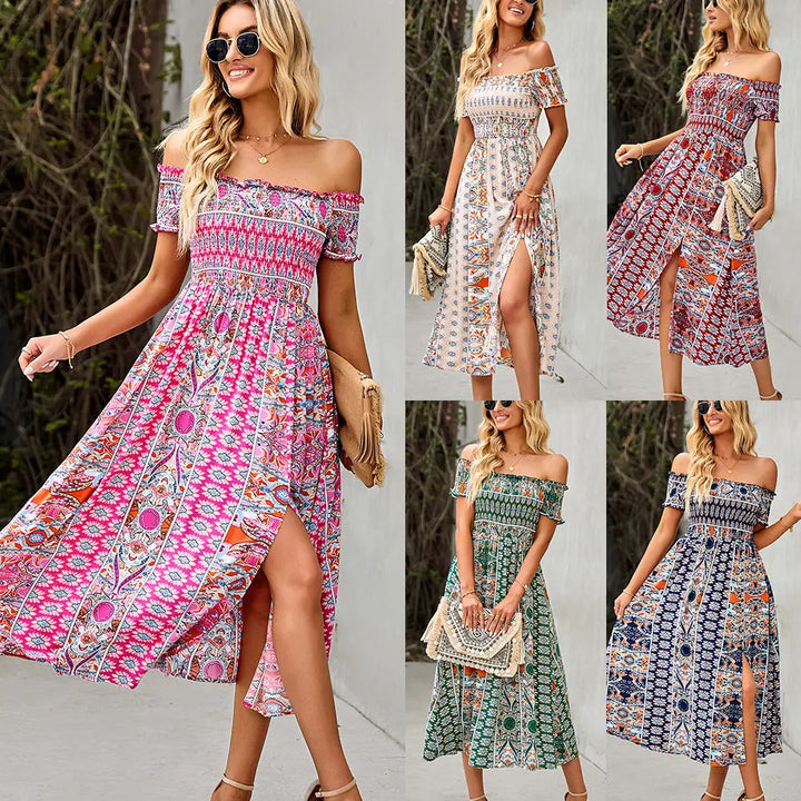 Women's Dress Boho Floral Print Off Shoulder Split Long A Line Beach Dress - Get Me Products