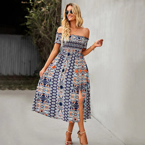 Women's Dress Boho Floral Print Off Shoulder Split Long A Line Beach Dress - Get Me Products