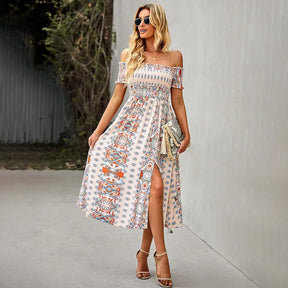 Women's Dress Boho Floral Print Off Shoulder Split Long A Line Beach Dress - Get Me Products