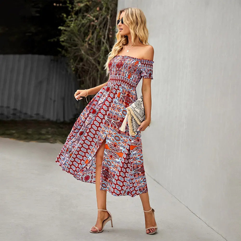 Women's Dress Boho Floral Print Off Shoulder Split Long A Line Beach Dress - Get Me Products