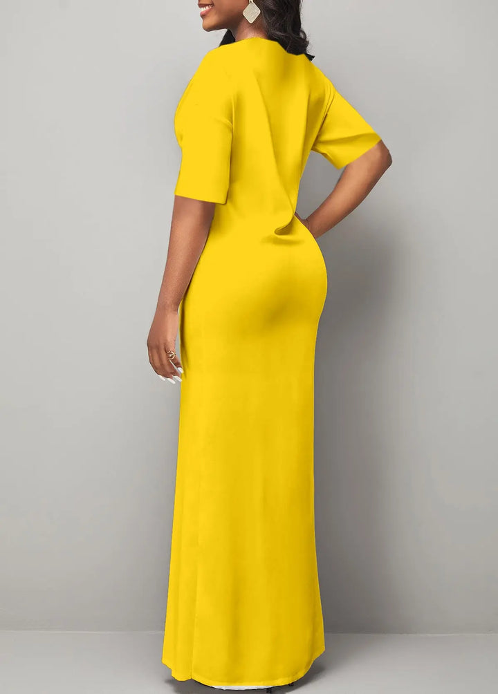Women's Yellow Dress Loose V-neck Pullover Split Dress - Get Me Products